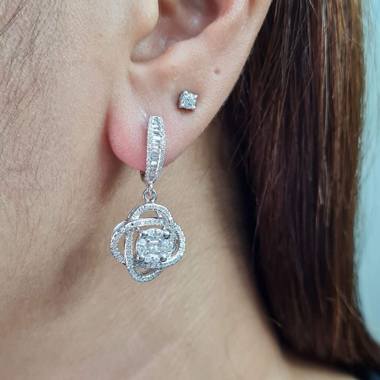 Round Knot Invisible Setting Dangling Diamond Earrings 14K