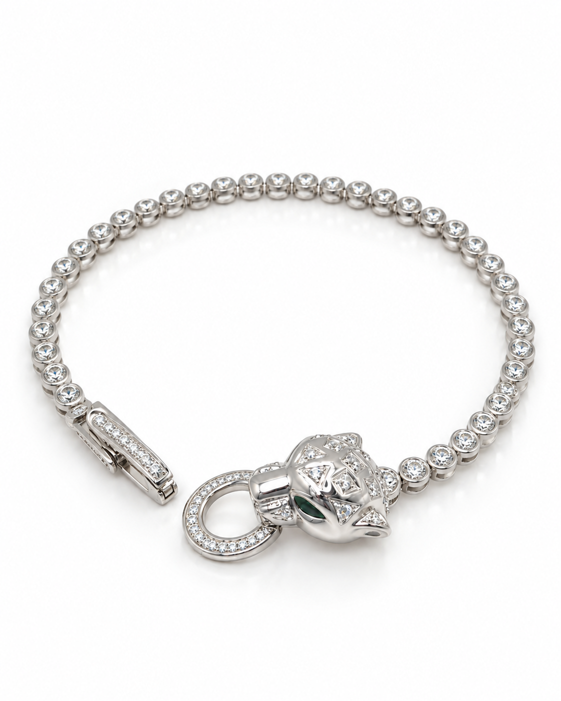 Classic White Gold Panther Diamond Round Lock Pave Bracelet 14K