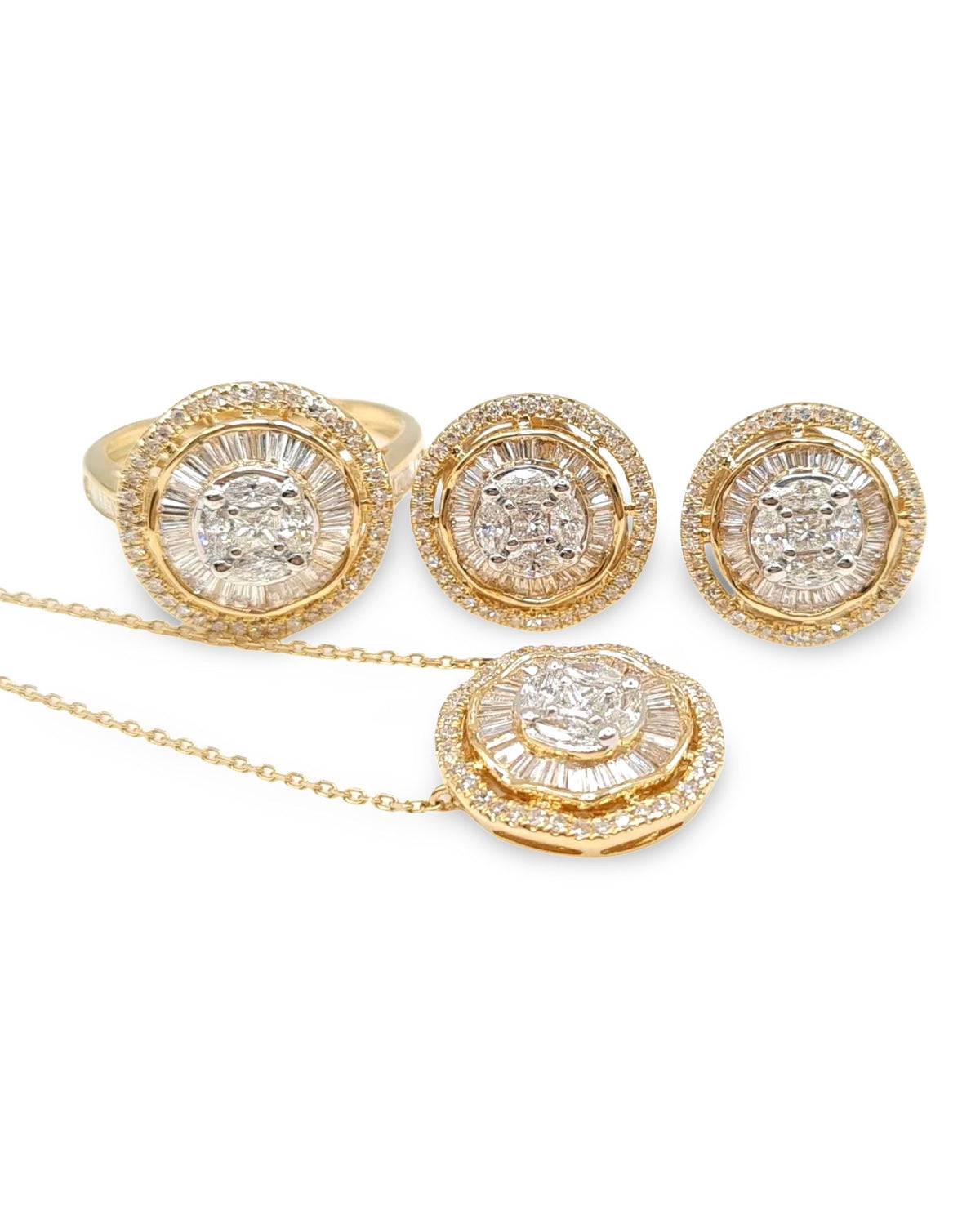 Classic Round Halo Baguette Diamond Jewelry Set 14K