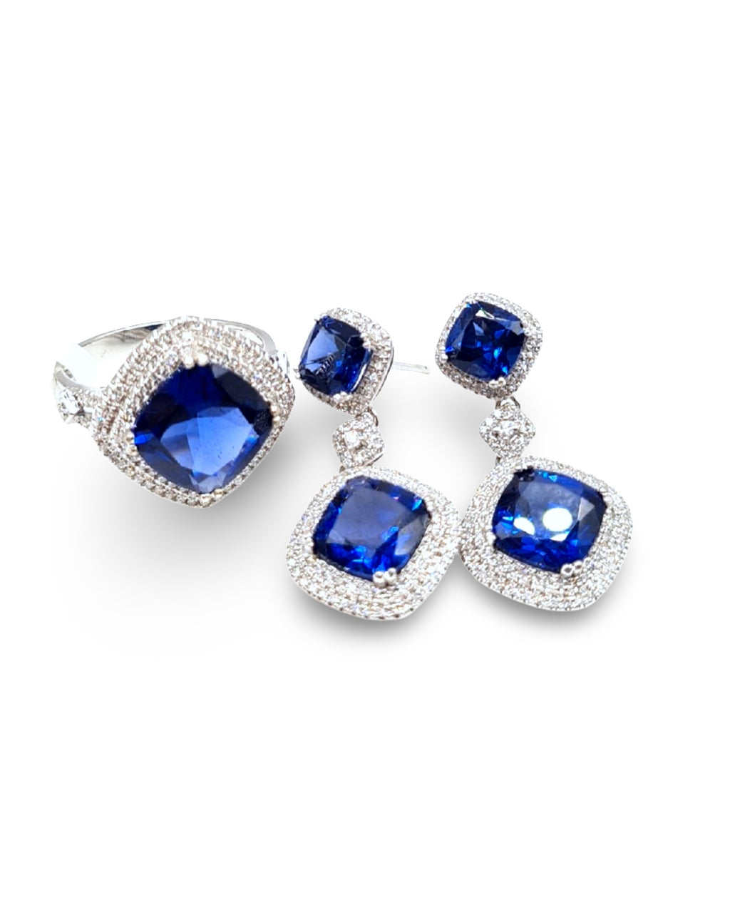 Cushion Blue Sapphire Gemstones Diamond Jewelry Set 14K