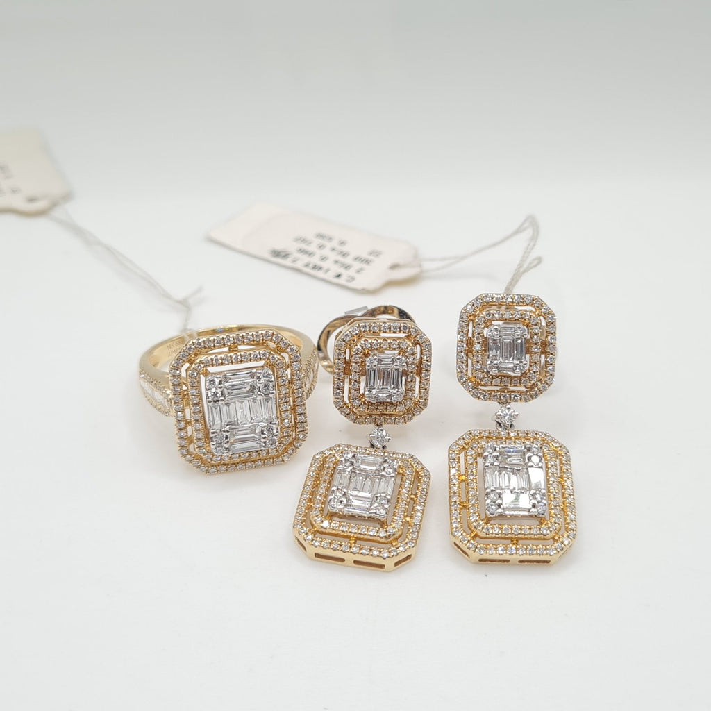 Golden Emerald Twin Double Halo Paved Dangling Diamond Jewelry Set 14K