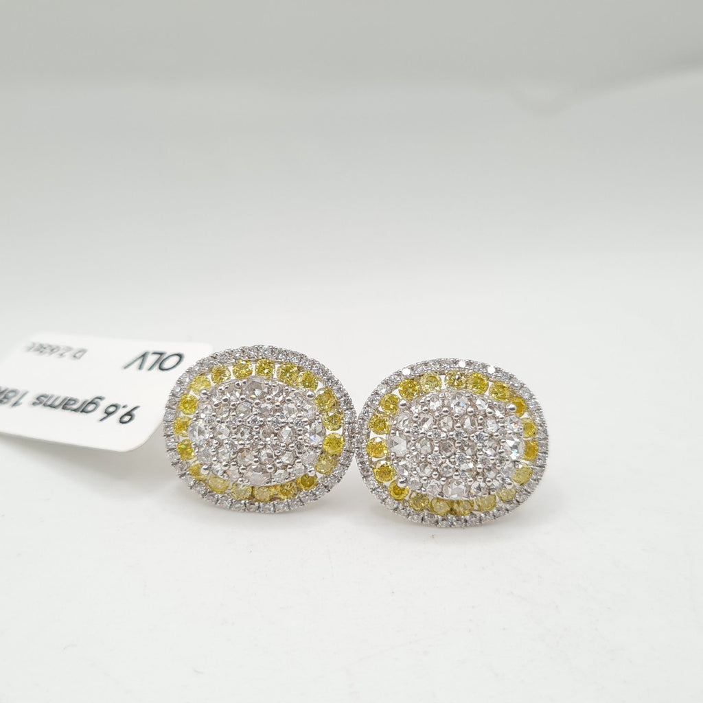Fancy Yellow Colored Diamonds Oval Paved Diamond Earrings 18K