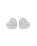 Classic Heart Round Halo Baguette Stud Diamond Earrings 18K