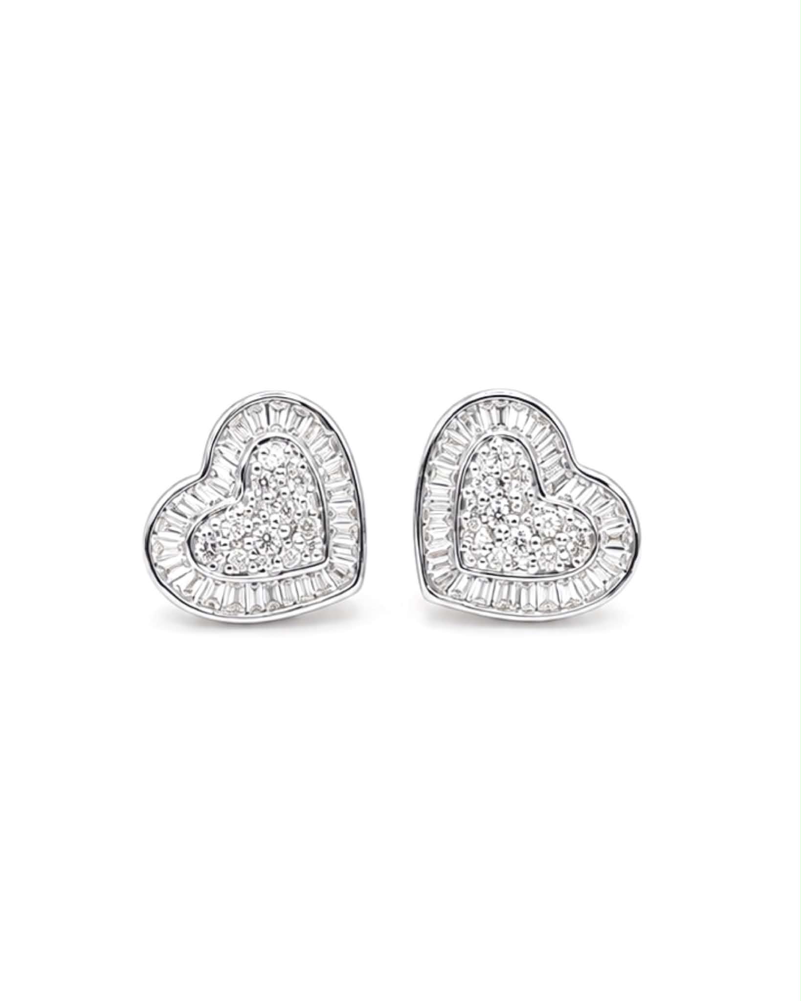 Classic Heart Round Halo Baguette Stud Diamond Earrings 18K