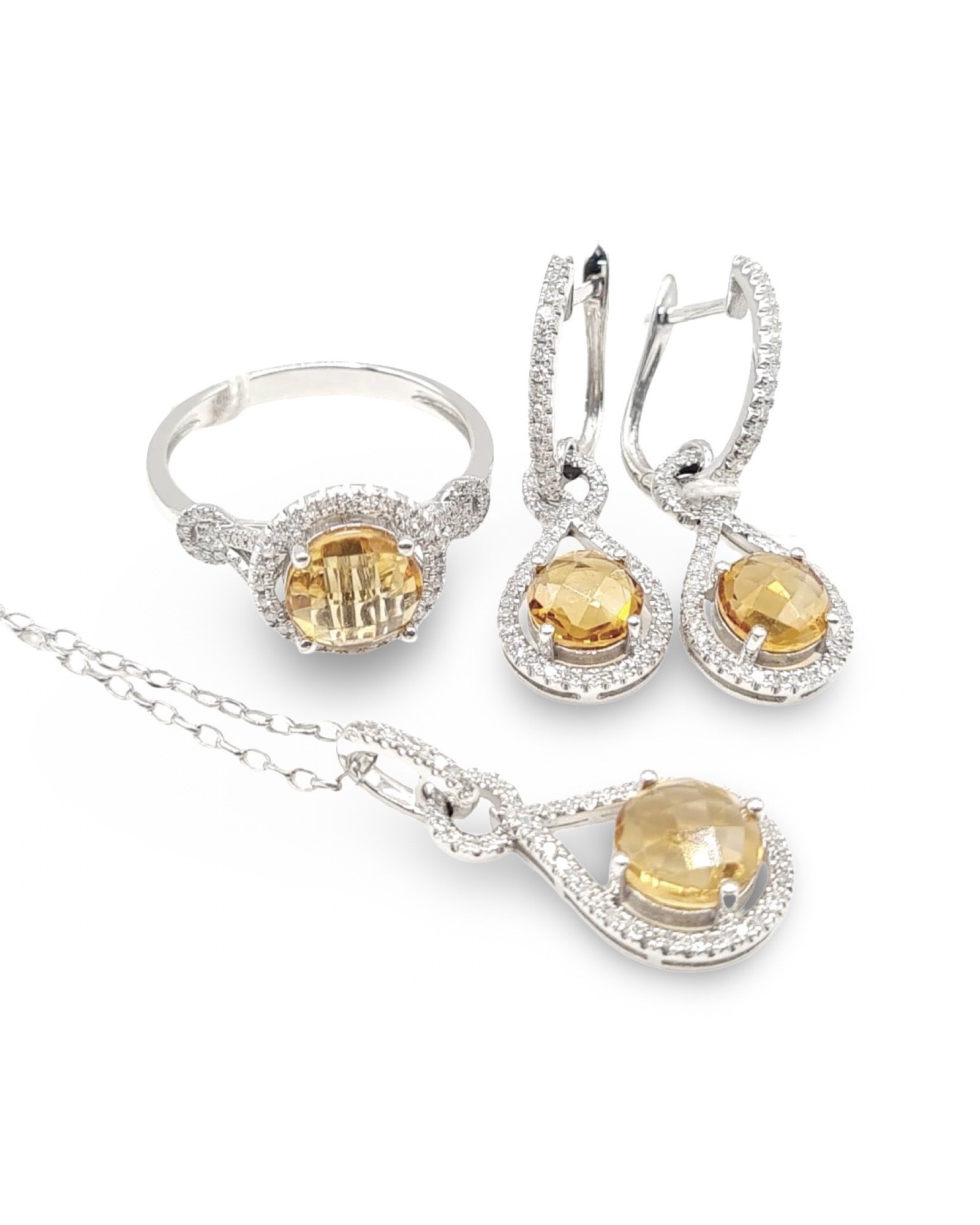 Round Citrine Gemstones Halo Dangling Diamond Jewelry Set 14K