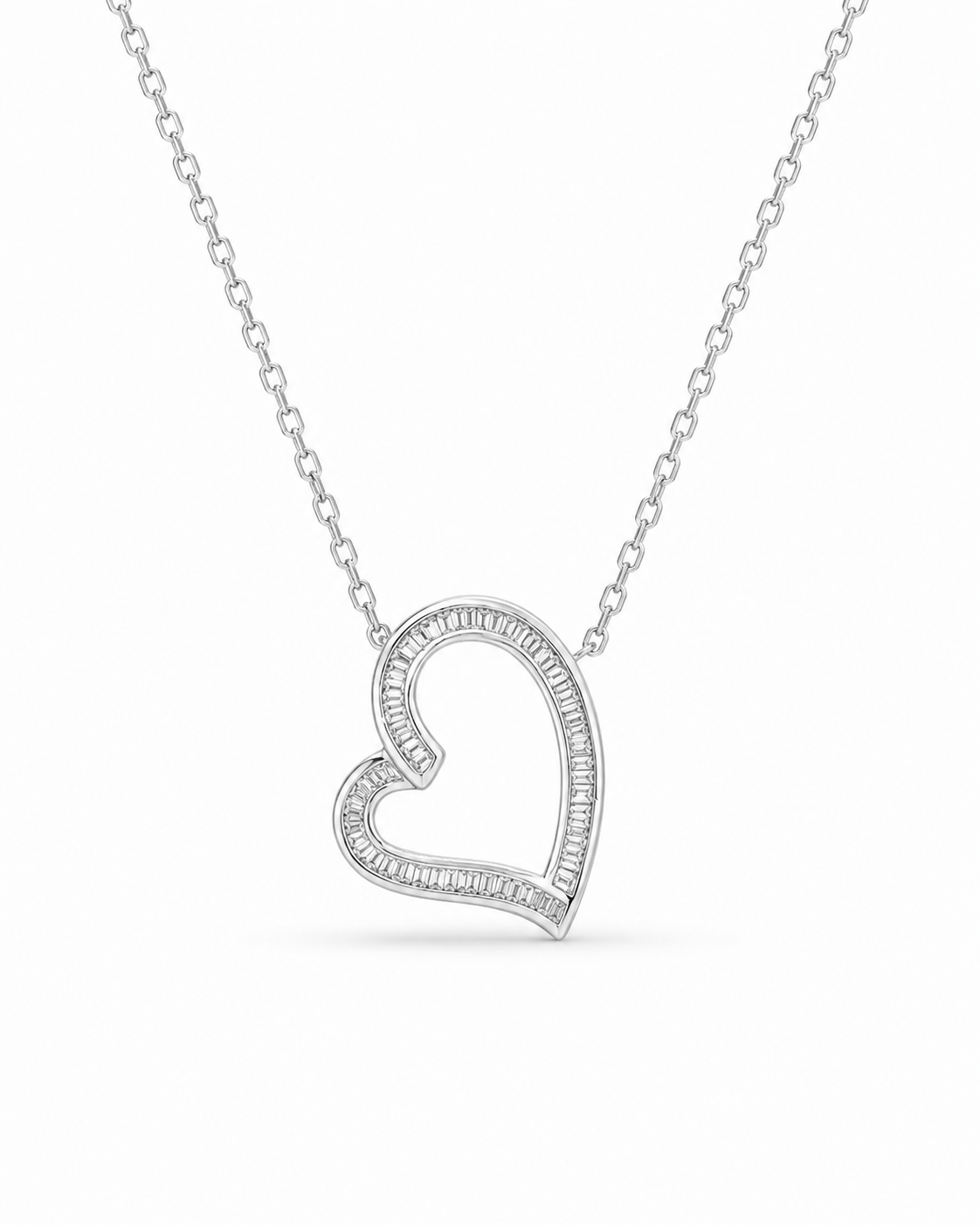 Classic Heart Baguette Diamond Paved Necklace 18K