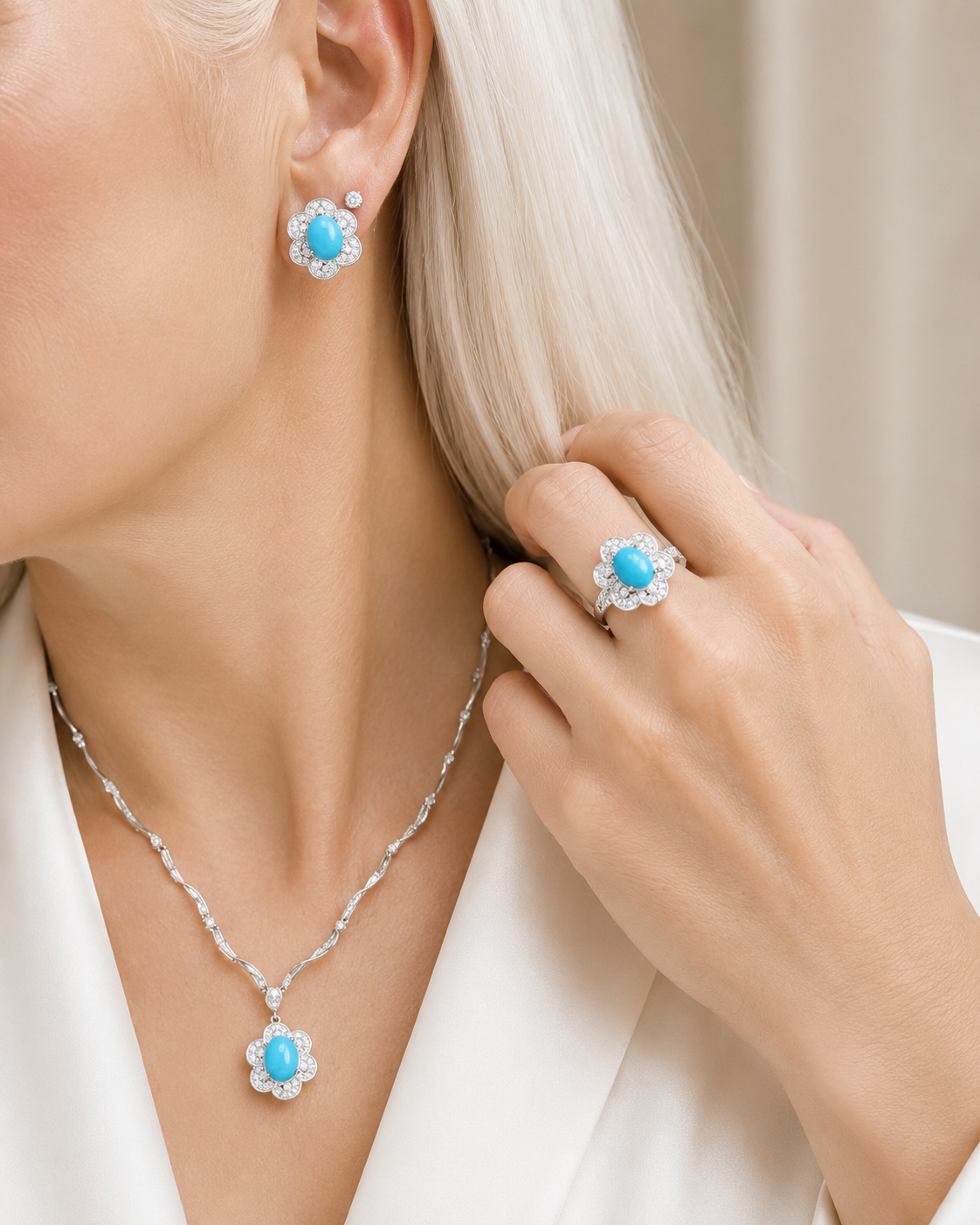 Turquoise Gemstones Floral Deco Diamond Jewelry Set 14K