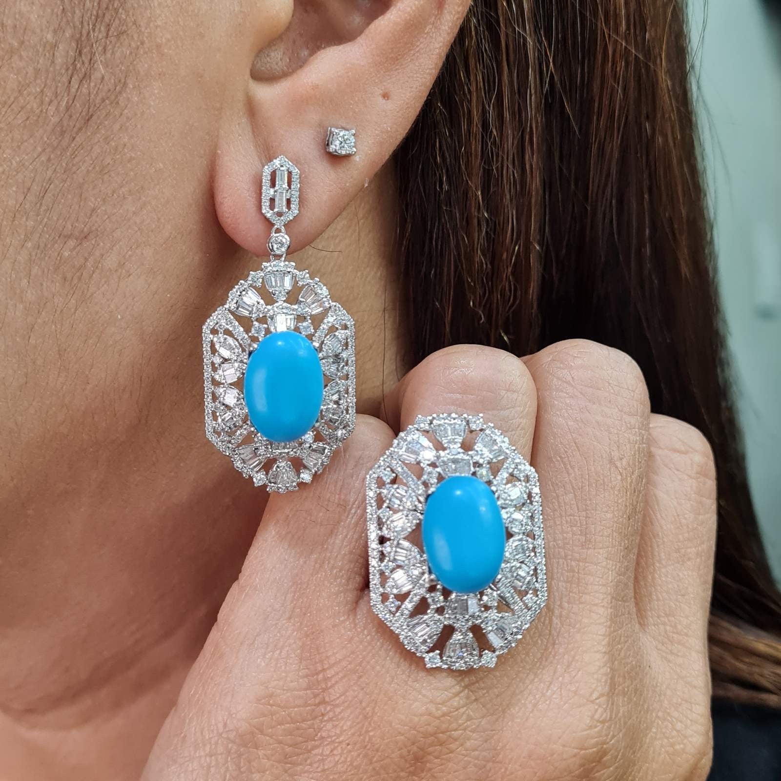 Turquoise Gemstones Octagon Dangling Diamond Jewelry Set 14K