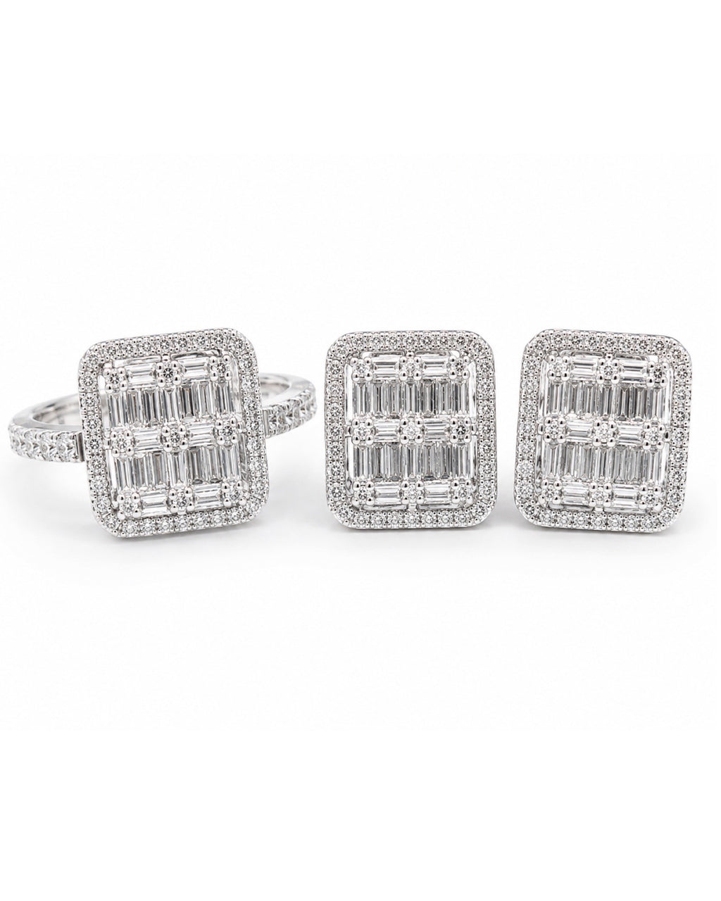 Classic Emerald Baguette Halo Paved Diamond Jewelry Set 14K