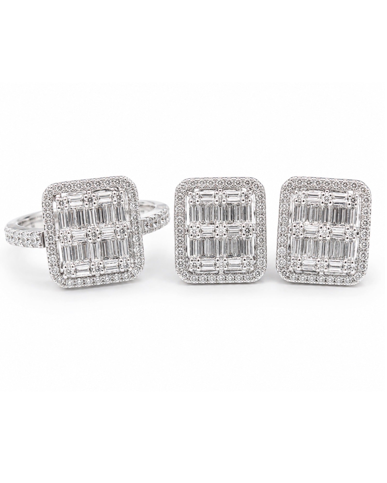 Classic Emerald Baguette Halo Paved Diamond Jewelry Set 14K