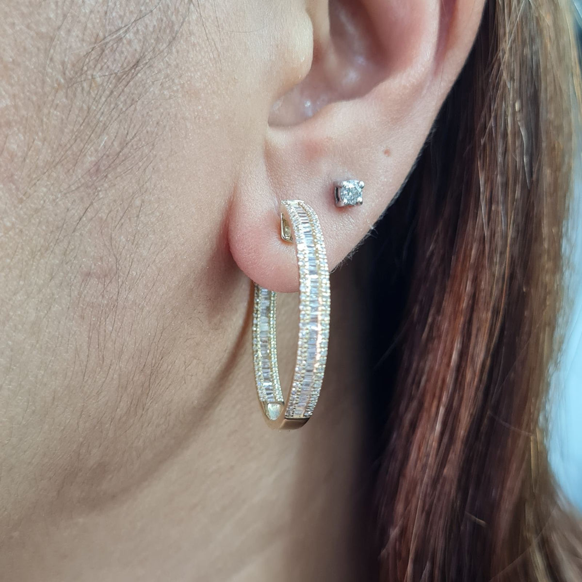 Classic Golden Baguette Hoop Statement Diamond Earrings 14K