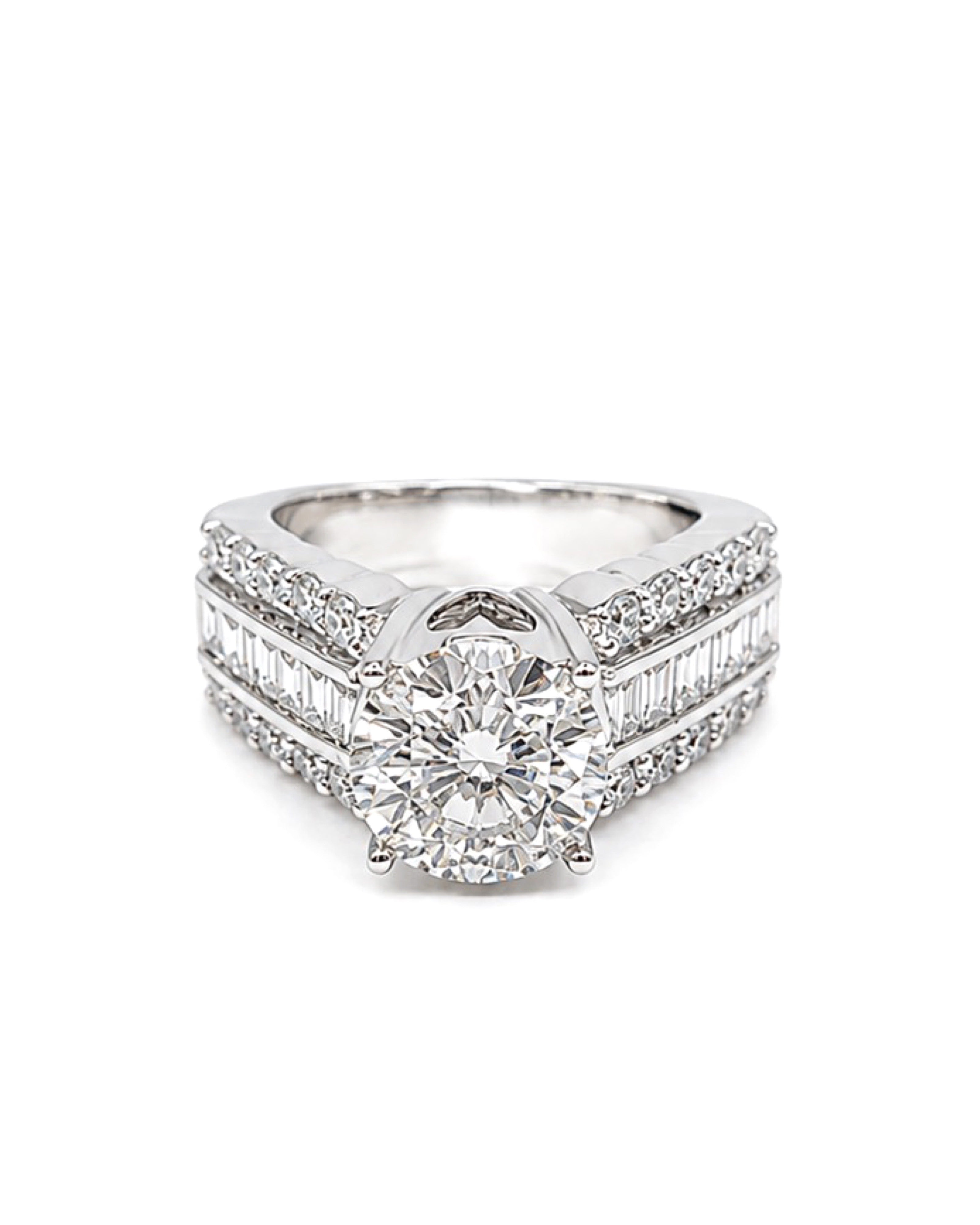 Classic Round Paved Baguette Elevated Diamond Ring 14K
