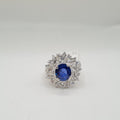 X Round Blue Sapphire Cluster Baguette Diamond Ring 18K