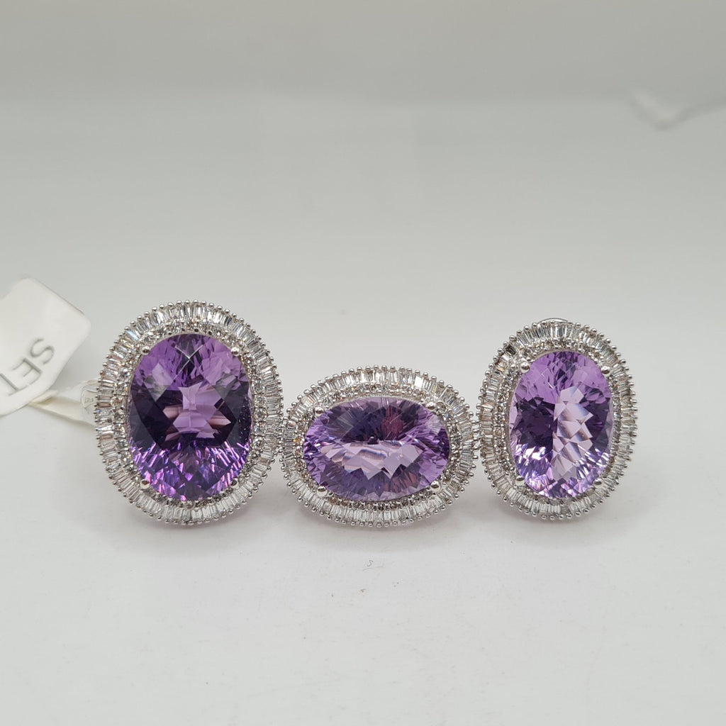 Amethyst Gemstones Oval Statement Diamond Jewelry Set 18K