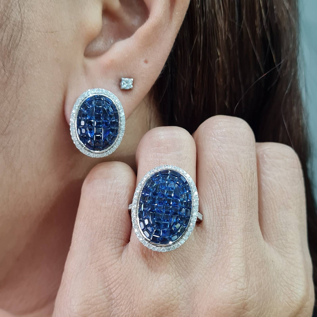 Oval Blue Sapphire Gemstones Statement Diamond Jewelry Set 18K