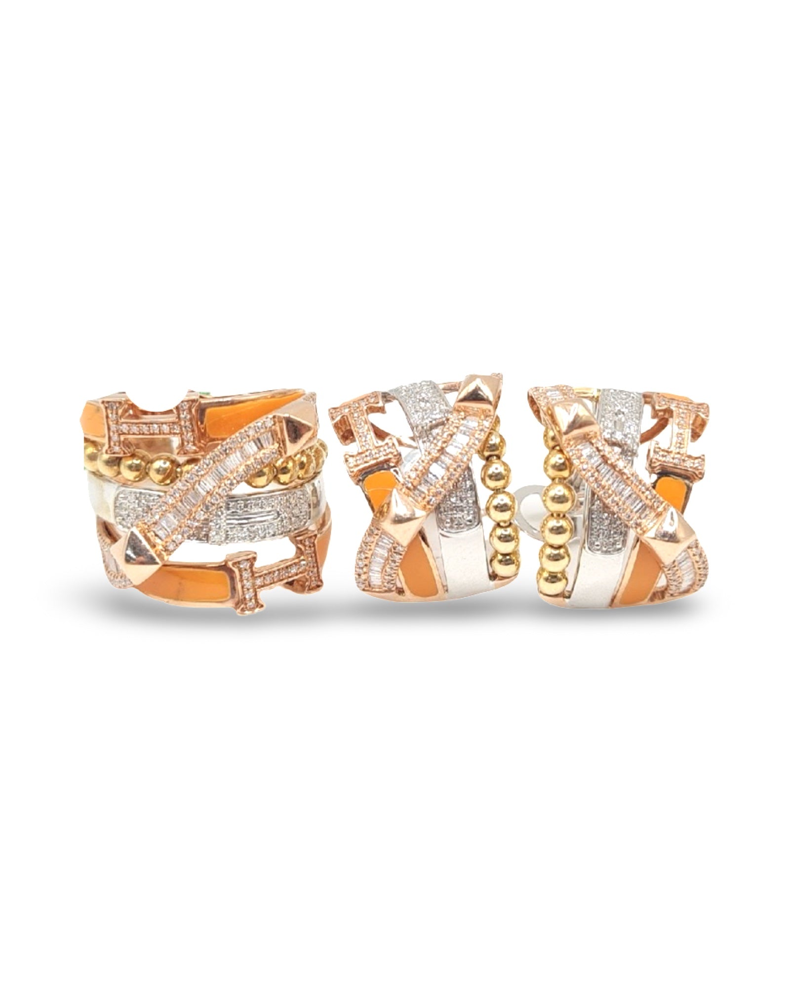 Three Tone Crossover Deco Enamel Diamond Jewelry Set 14K