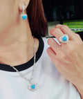 Heart Turquoise Gemstones Halo Dangling Diamond Jewelry Set 14K