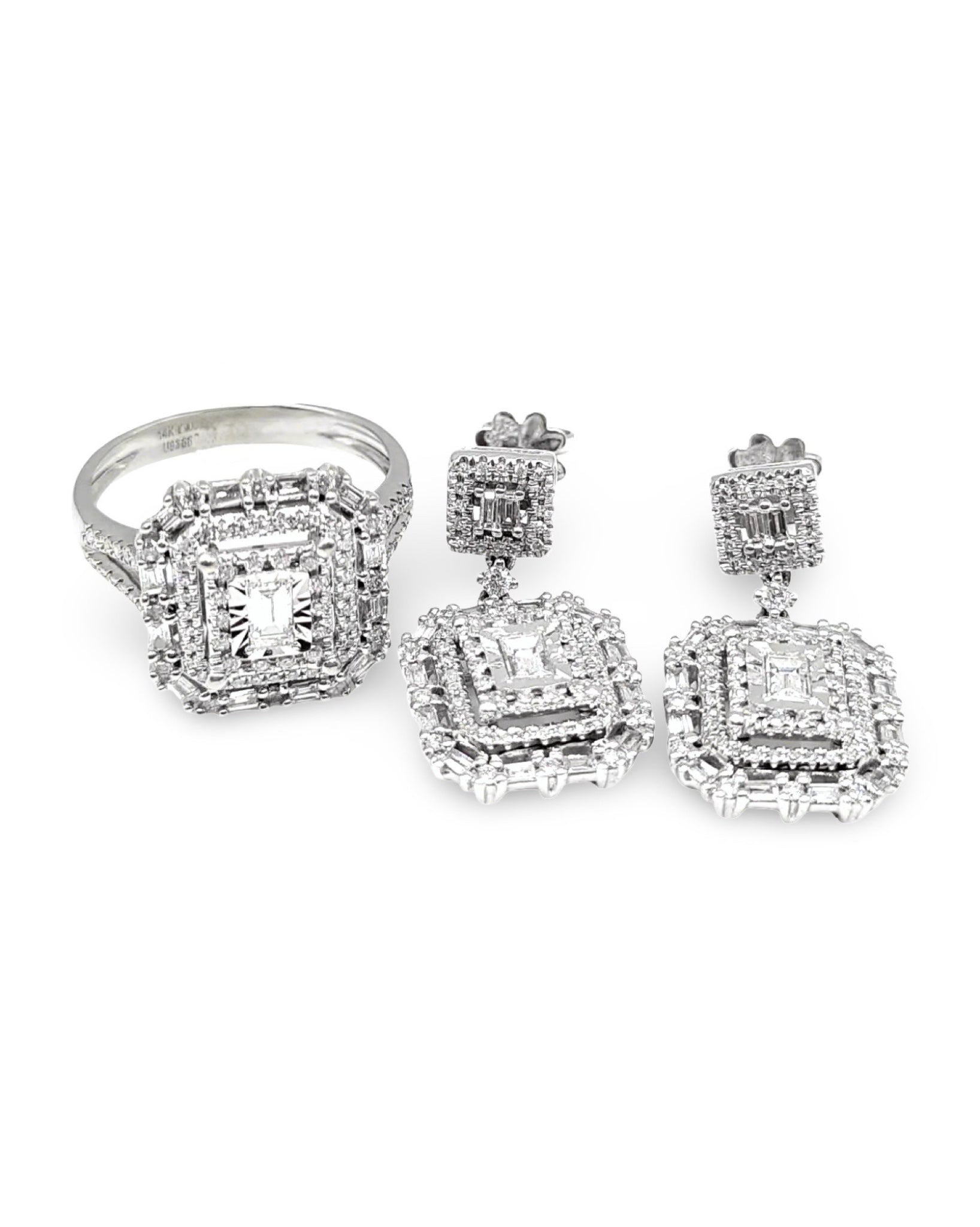 Classic Emerald Double Halo Dangling Diamond Jewelry Set 14K