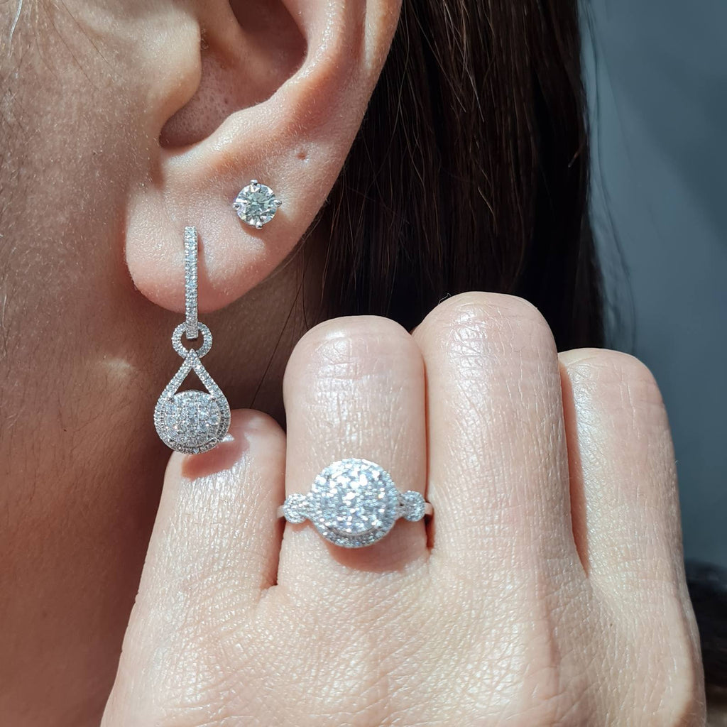 Classic Round Pear Dangling Hoop Diamond Jewelry Set 14K