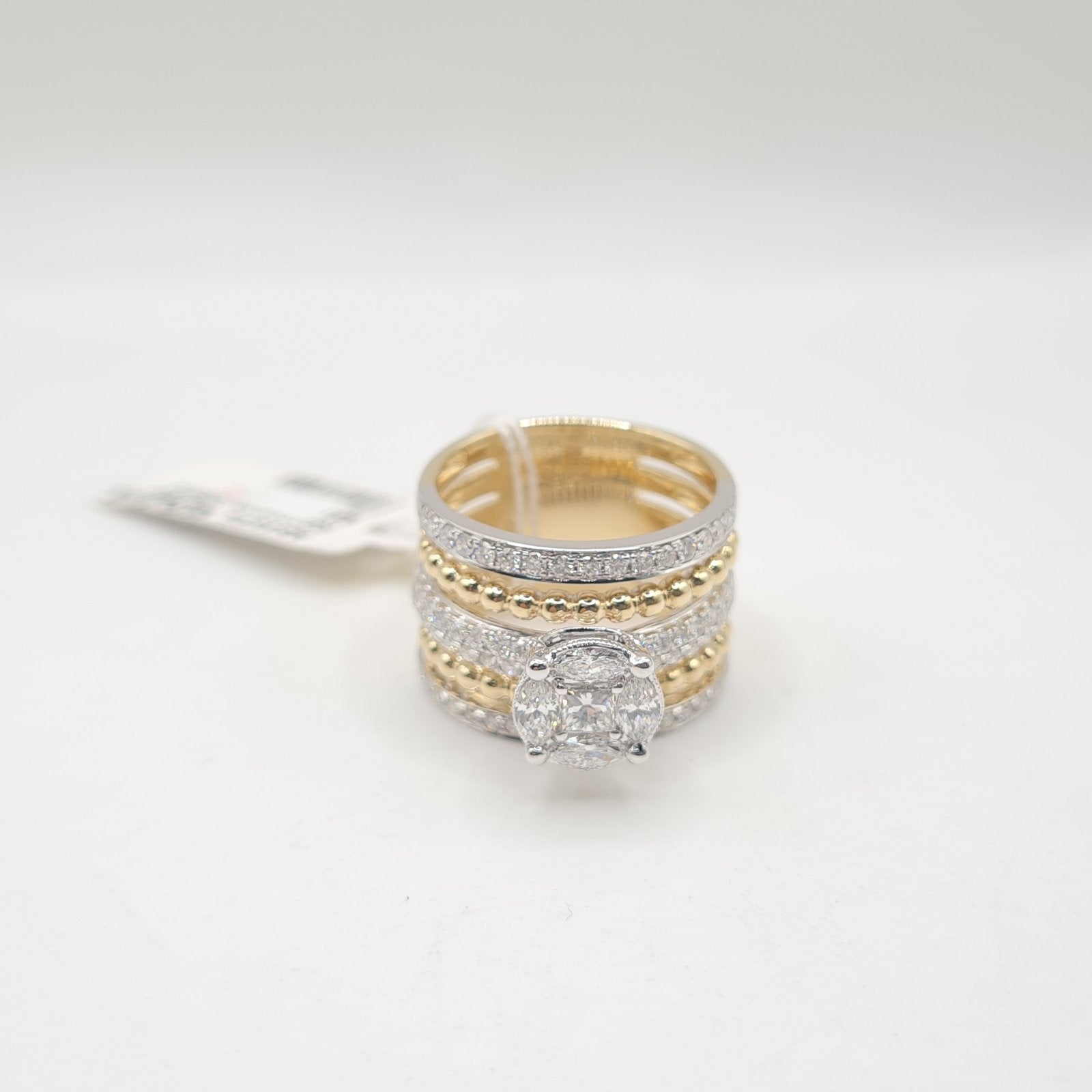 Two Tone Round Invisible Setting Beaded Diamond Ring 14K