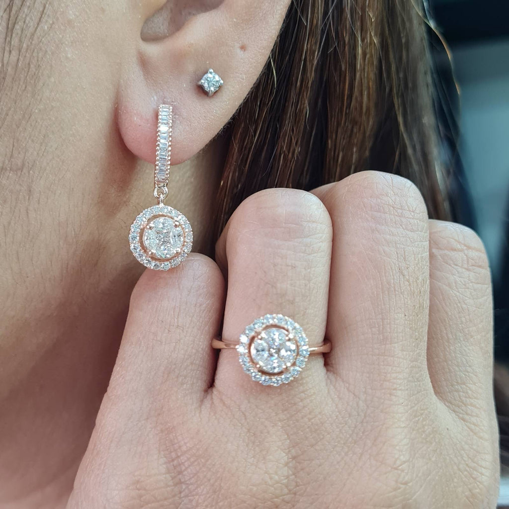 Classic 5ct Face Rosegold Round Halo Invisible Setting Dangling Diamond Jewelry Set 18K