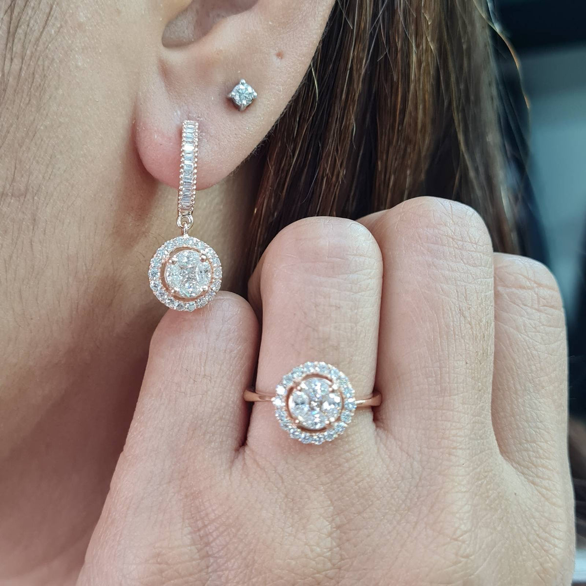Classic 5ct Face Rosegold Round Halo Invisible Setting Dangling Diamond Jewelry Set 18K