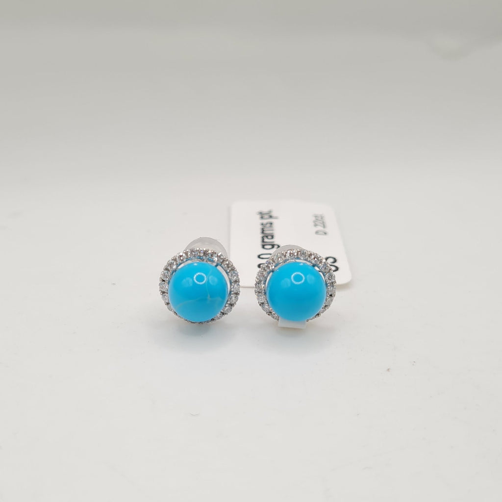 Turquoise Gemstones Round Halo Stud Diamond Earrings Platinum