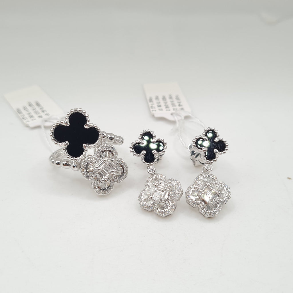 Double Clover Chain Drop Diamond Jewelry Set 14K