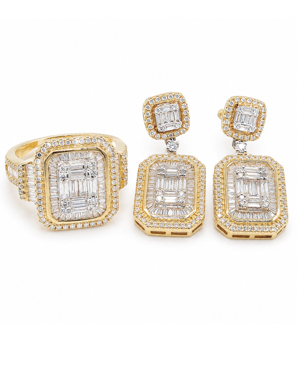 Classic Emerald Baguette Paved Dangling Diamond Jewelry Set 14K