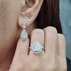 Classic Pear Dangling Halo Paved Diamond Jewelry Set 14K