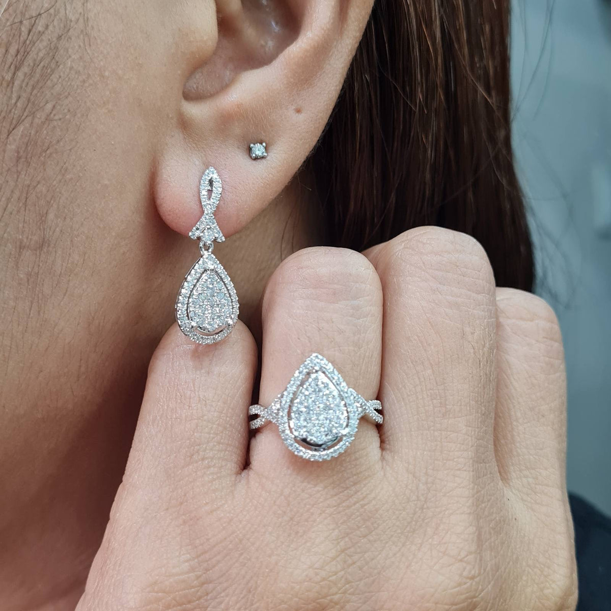 Classic Pear Dangling Halo Paved Diamond Jewelry Set 14K