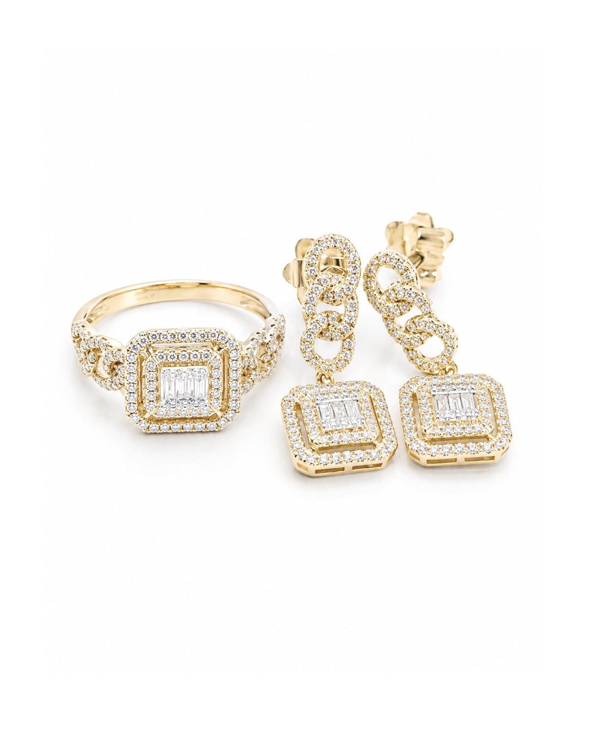 Classic Cushion Halo Dangling Diamond Jewelry Set 14K