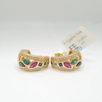 Golden Chunky Hoop Colored Gemstones Diamond Earrings 14K