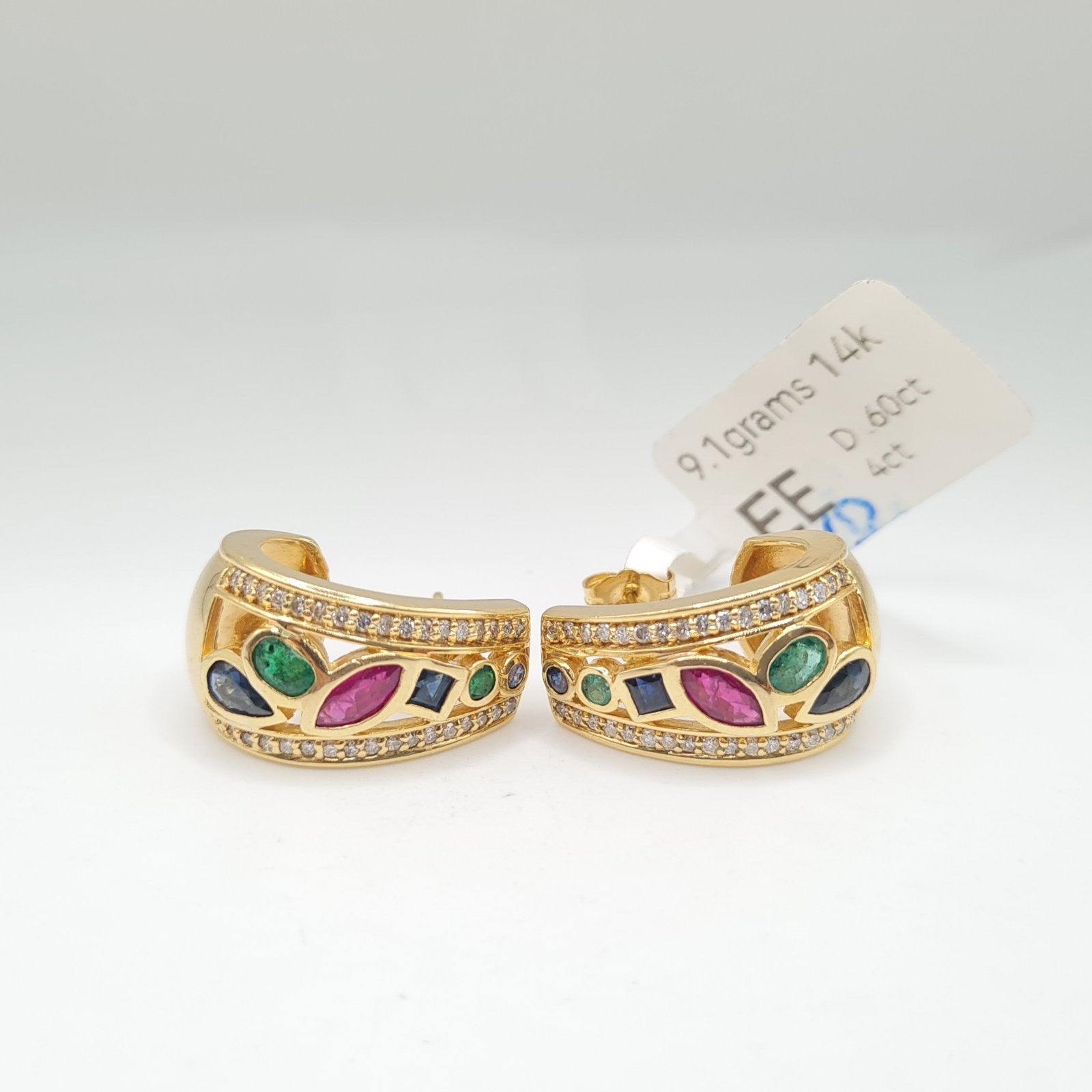 Golden Chunky Hoop Colored Gemstones Diamond Earrings 14K