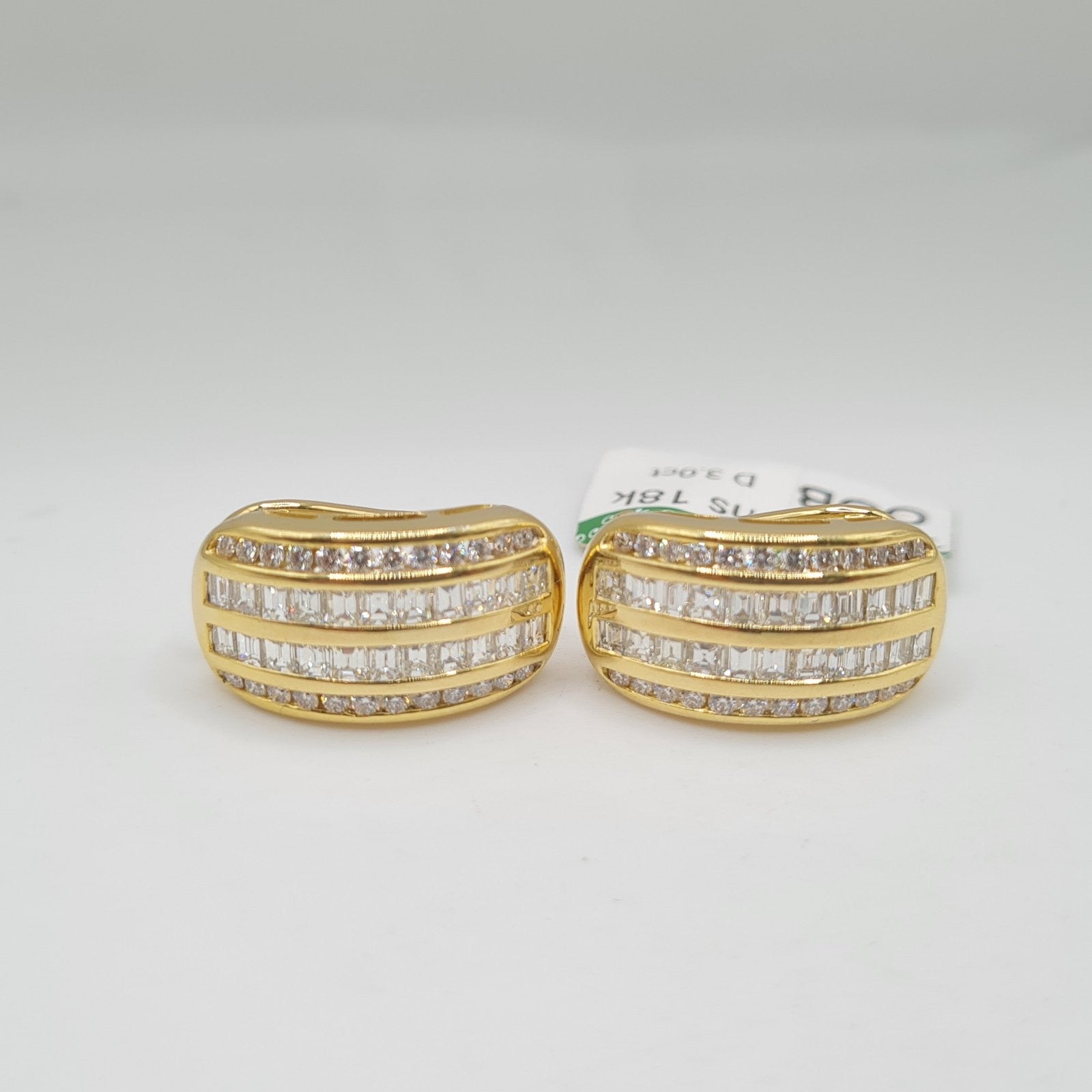 Golden Round Baguette Hoop Diamond Earrings 18K
