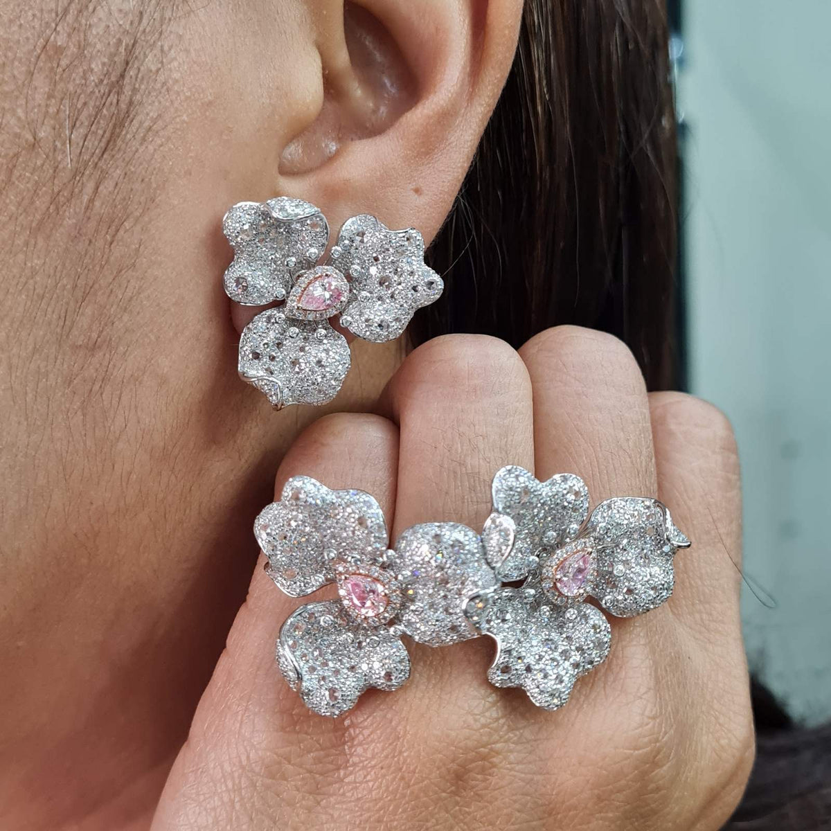 Rare Fancy Pink Diamond Floral Statement Diamond Jewelry Set 14K