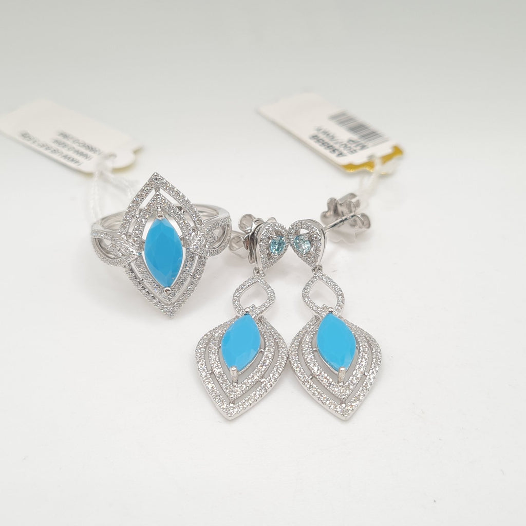 Turquoise Gemstones Marquise Halo Diamond Jewelry Set 14K