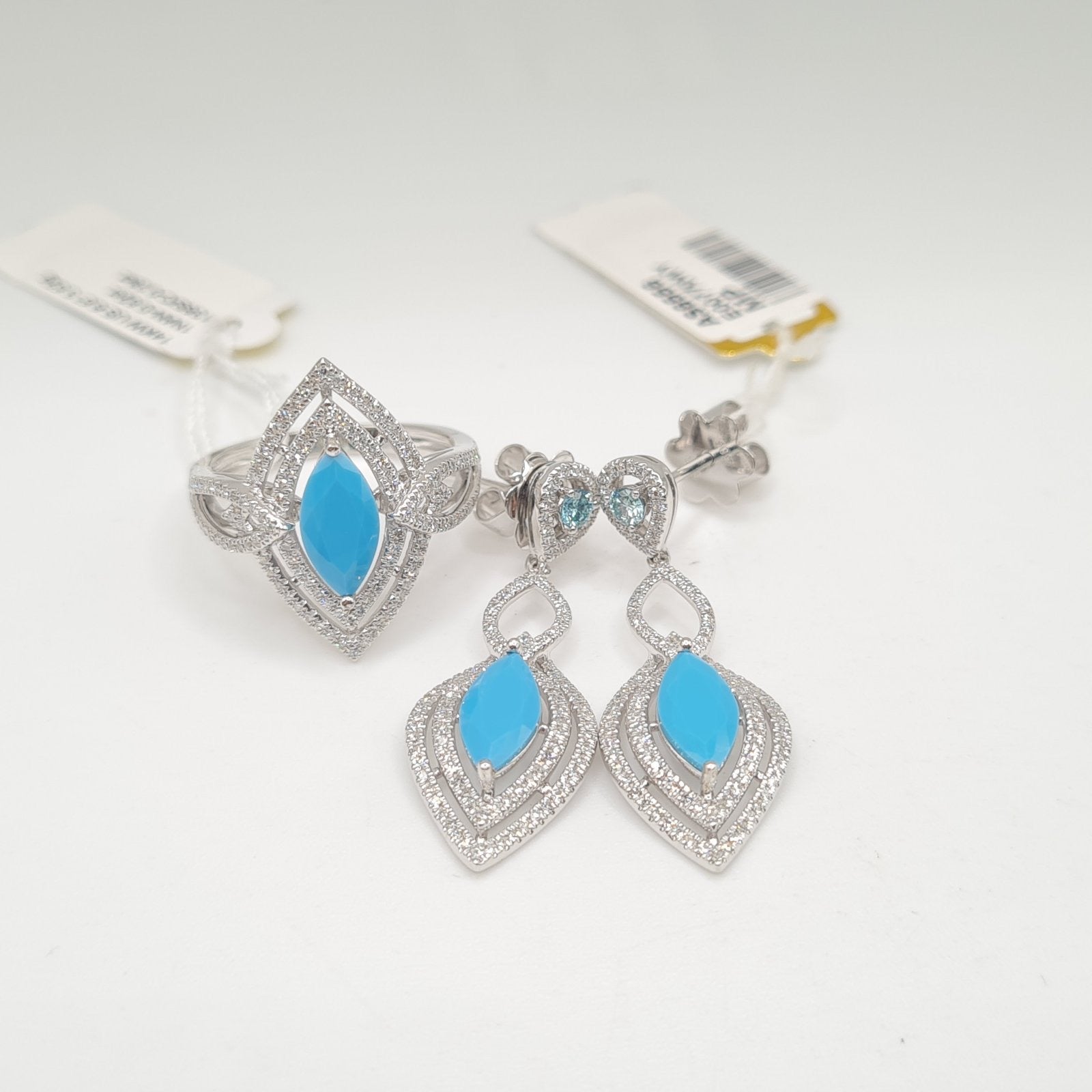 Turquoise Gemstones Marquise Halo Diamond Jewelry Set 14K