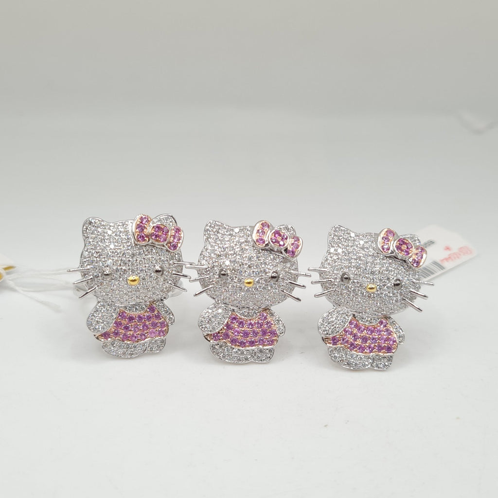 Pink Ruby Gemstones Hello Kitty Statement Diamond Jewelry Set 14K