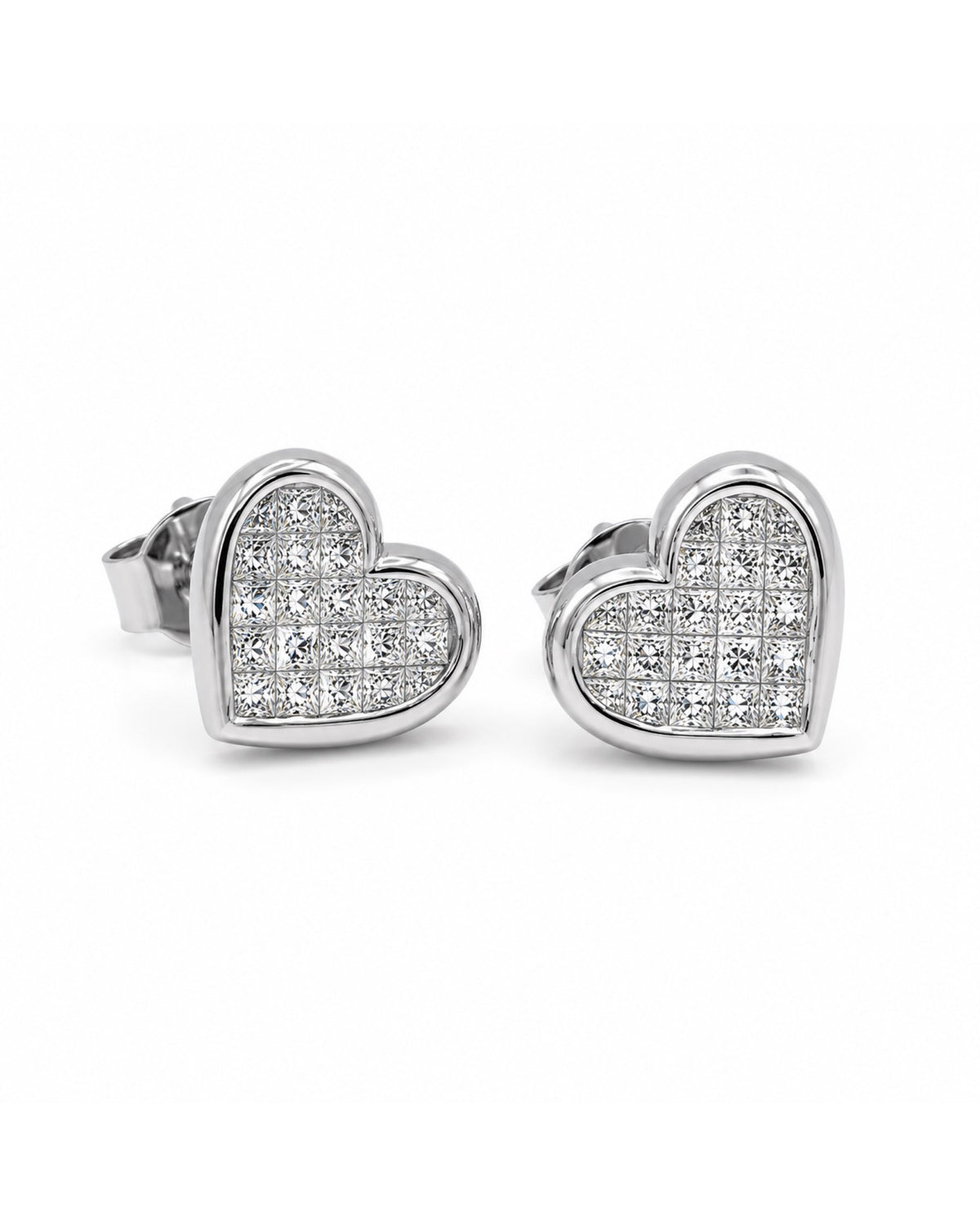 Classic Heart Bezel Invisible Setting Stud Diamond Earrings 18K