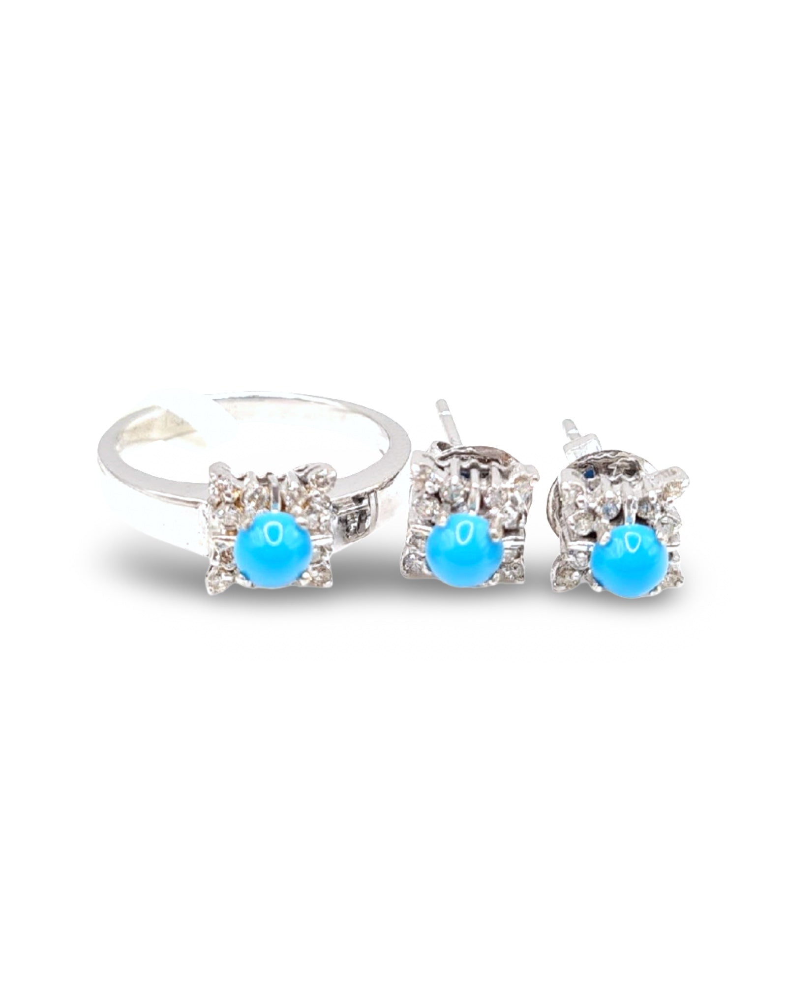 Turquoise Gemstones Round Diamond Jewelry Set 14K