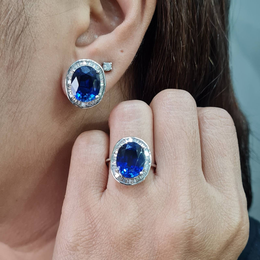 Oval Halo Blue Sapphire Gemstones Diamond Jewelry Set 14K