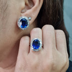 Oval Halo Blue Sapphire Gemstones Diamond Jewelry Set 14K