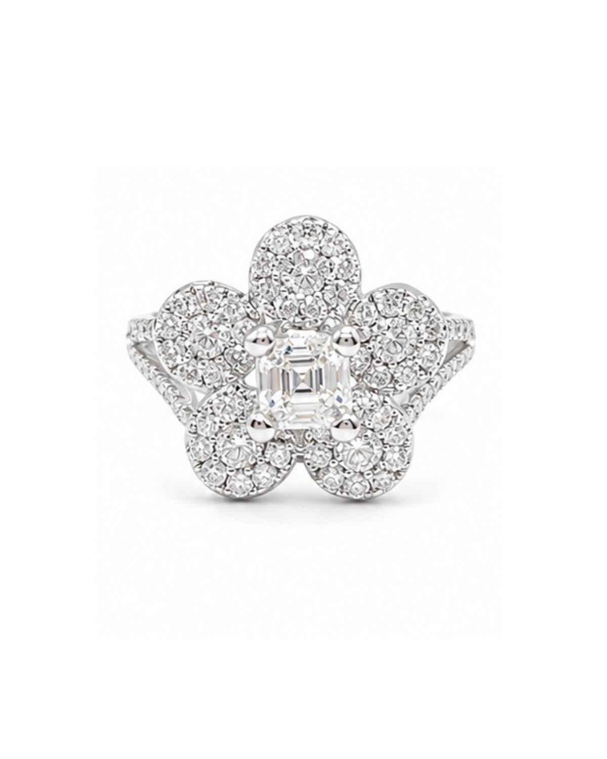 Classic Flower Square Asscher Solitaire Center Diamond Ring 18K