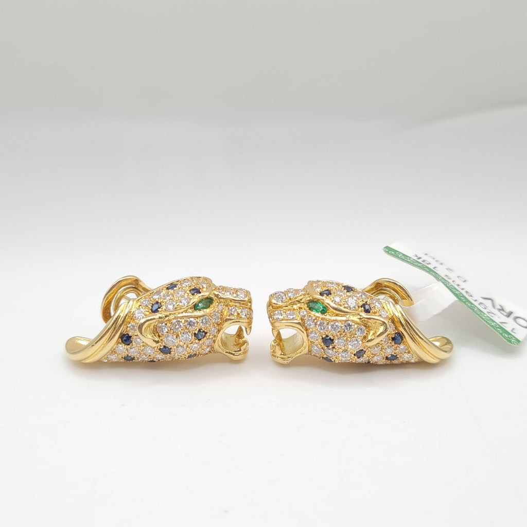 Panther Head Golden Hoop Paved Diamond Earrings 18K