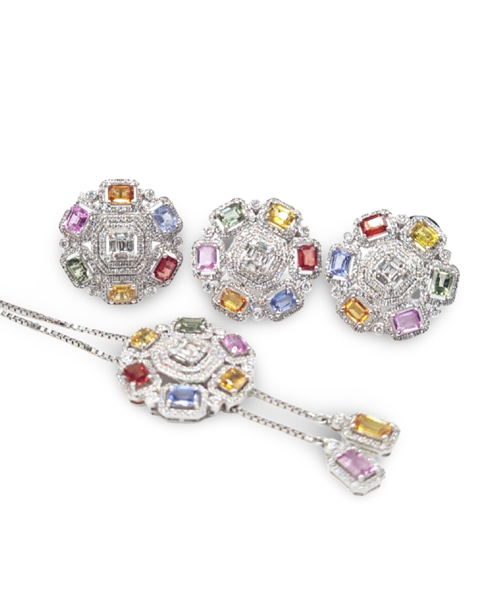 Floral Rainbow Sapphire Gemstones Diamond Jewelry Set 14K
