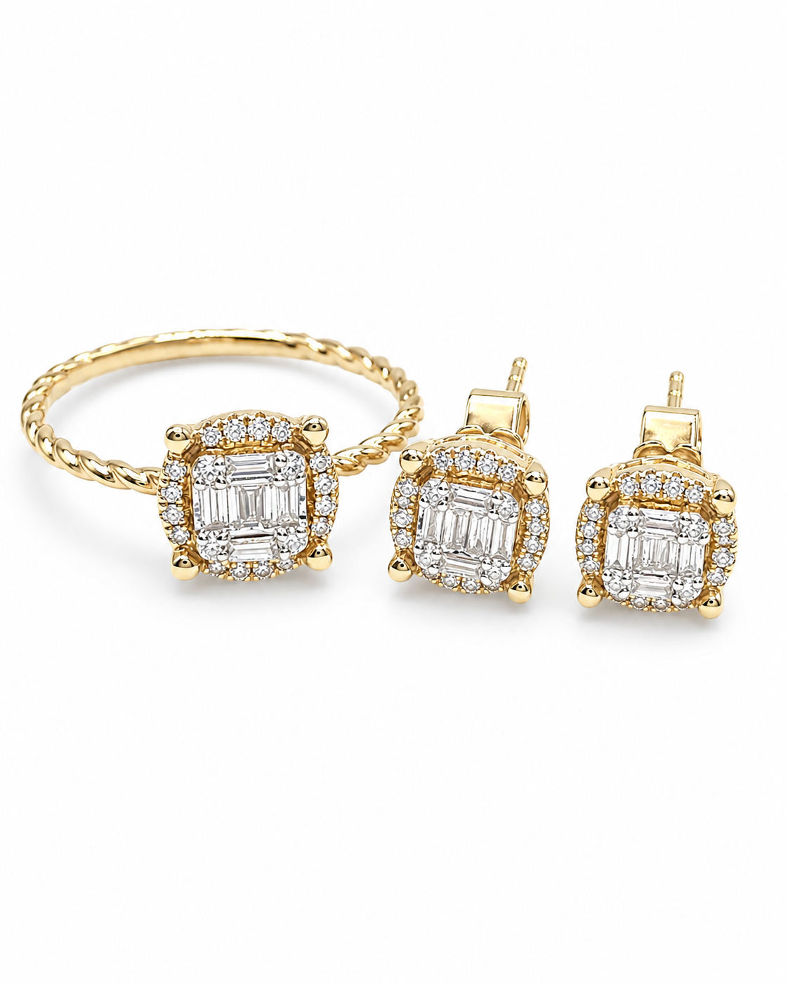 Classic Round Baguette Beaded Diamond Jewelry Set 14K