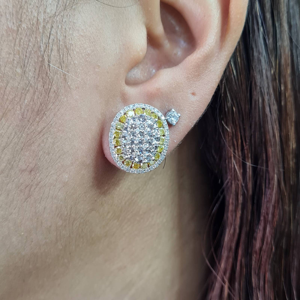 Fancy Yellow Colored Diamonds Oval Paved Diamond Earrings 18K