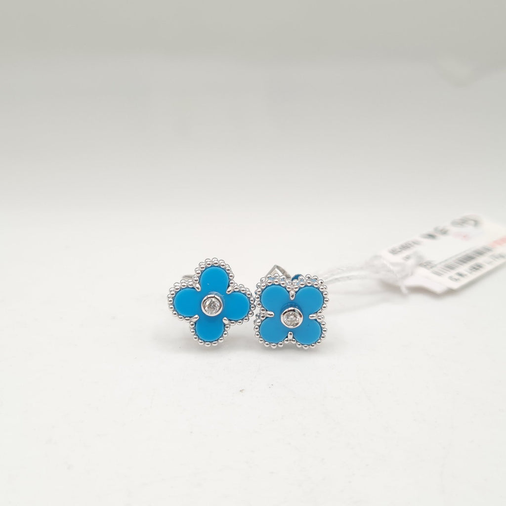 Turquoise Gemstones Round Clover Diamond Earrings 14K