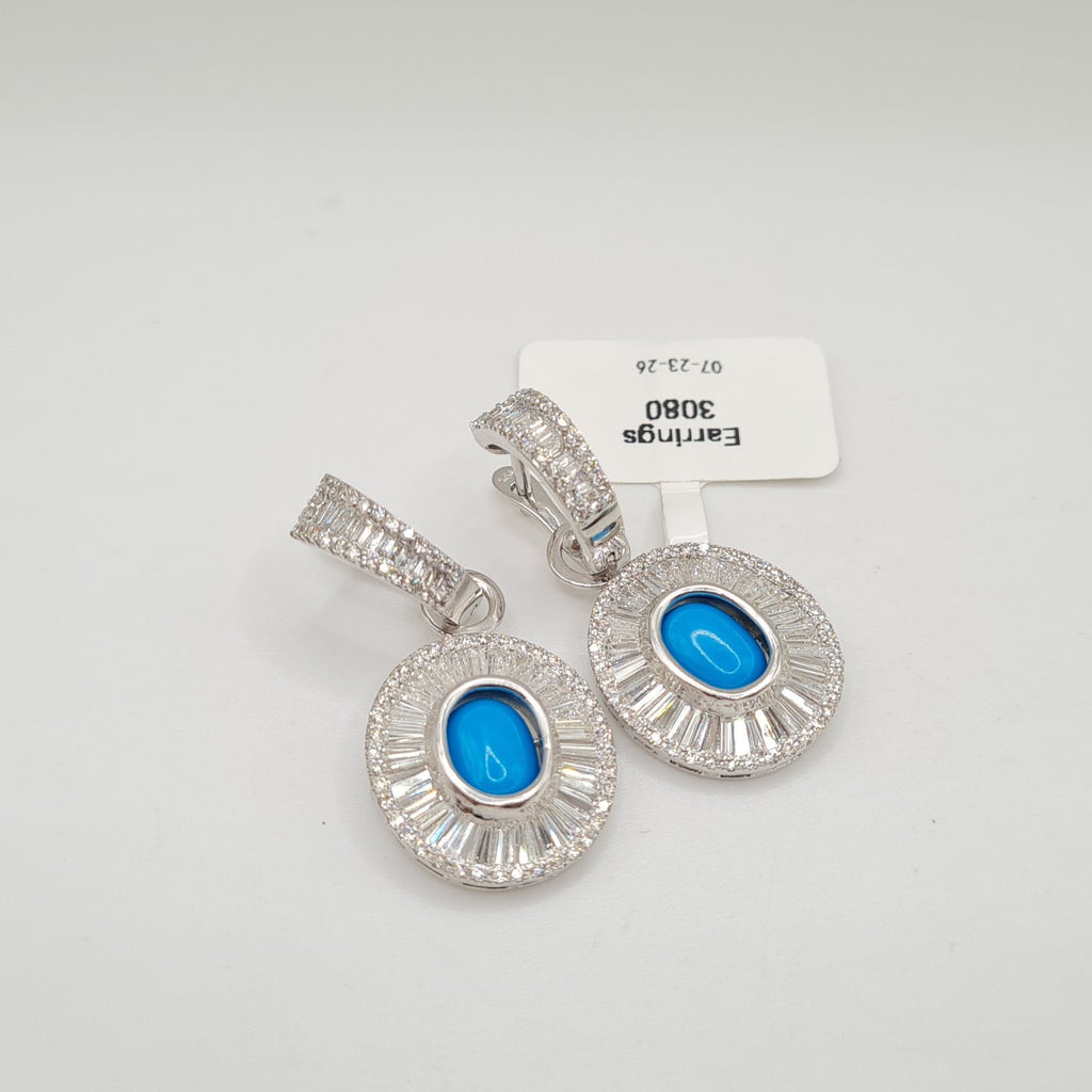 Turquoise Gemstone Oval Baguette Dangle Hoop Diamond Earrings 14K